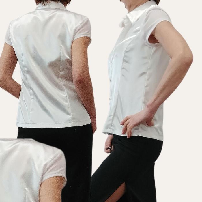 白 半袖ブラウス フレンチスリーブ サテンブラウス 光沢 シフォン 透けるブラウス ノースリブラウス シースルー サテンシャツ OL 日本製拍卖