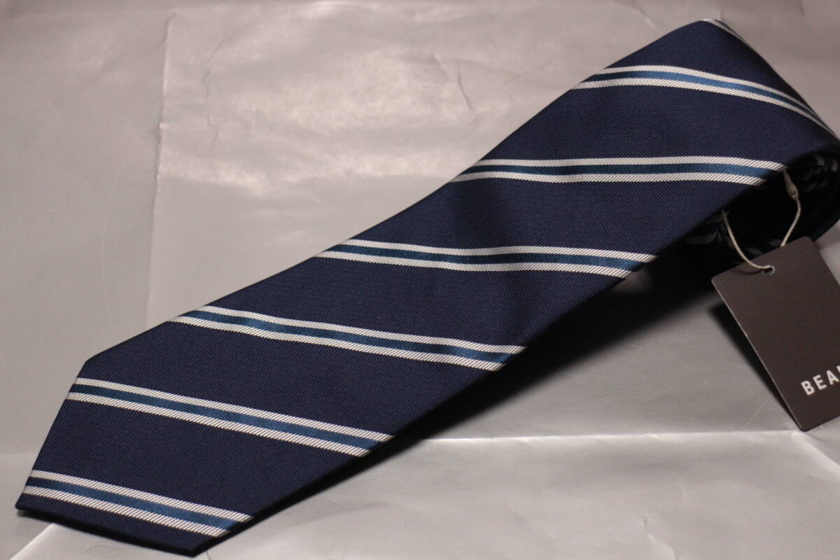 ビームス新品ネクタイ知的モダン艶ネイビー*シルバー*ライトブルージャガードレジメンタルフルハンドメイド織柄切返し大人気柄拍卖