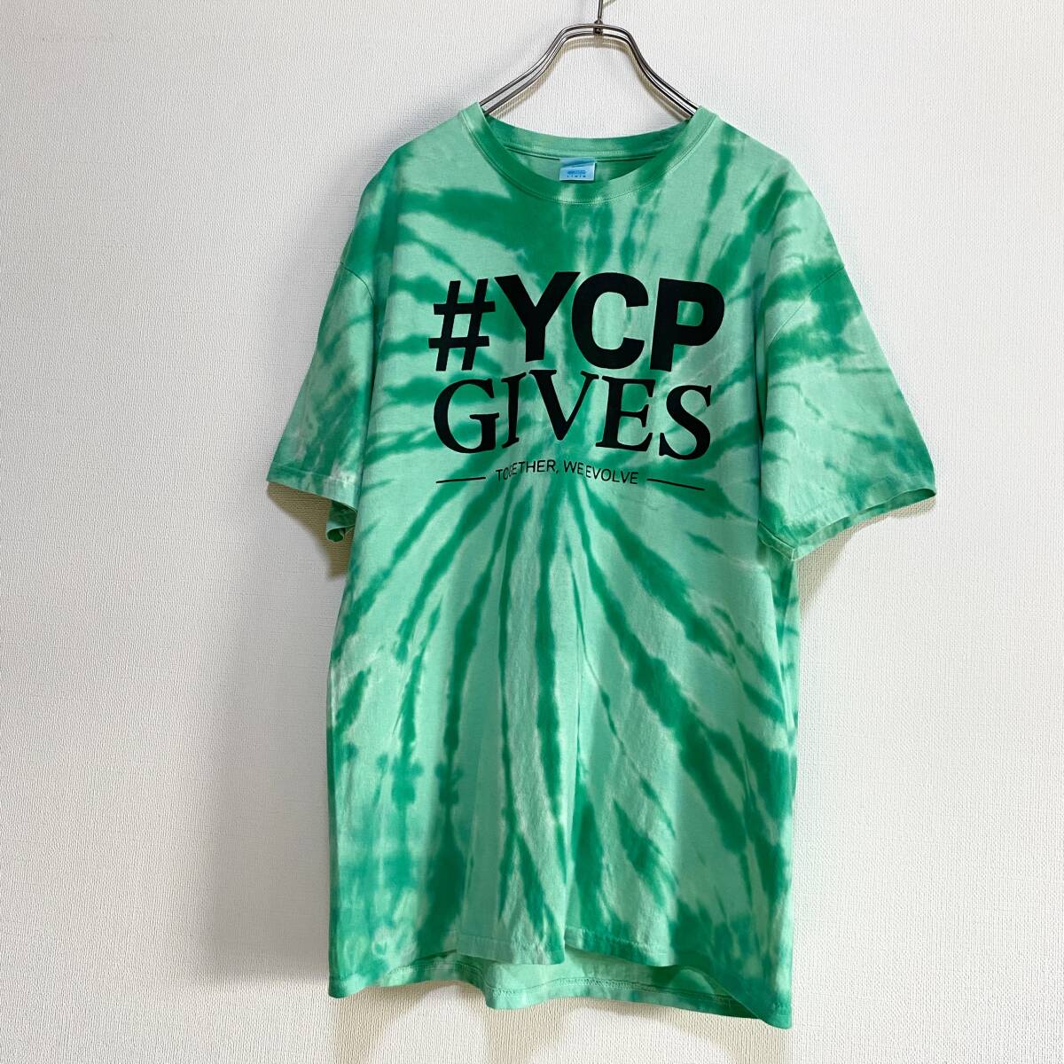 アメリカ古着 企業ロゴ 半袖 Tシャツ プリント タイダイ グリーン クルーネック Lサイズ コットン 【I351】拍卖