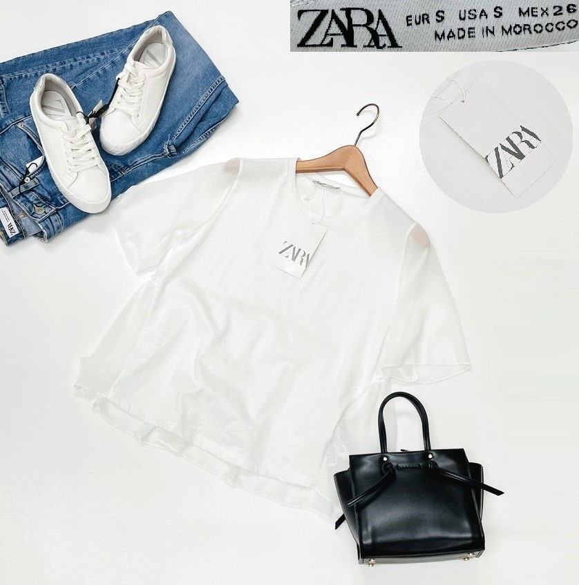 /S/ ZARA ホワイト レース半袖Tシャツ レディース タグ カジュアル トップス 通勤 フェミニン 大人可愛い白 透け感 デイリー ザラ拍卖