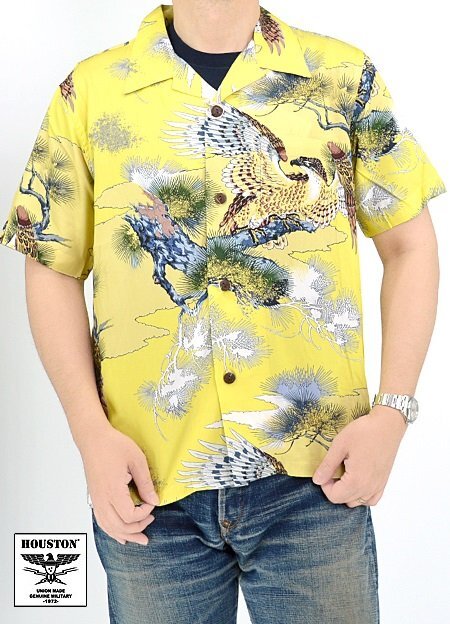 アロハシャツ「鷹」◆HOUSTON イエローXLサイズ 41108 ヒューストン 和柄 和風 ハワイアン タカ拍卖