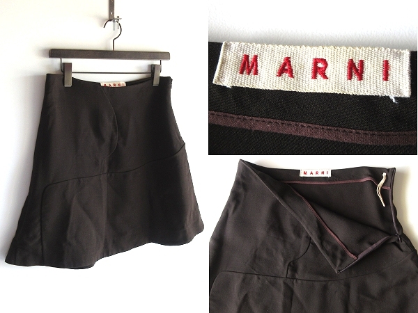 イタリア製 MARNI マルニ カーブステッチ サイドジップ ウールシルク スカート 40 ブラウン 茶拍卖