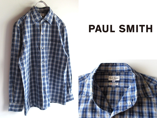 希少 80s-90sビンテージ Paul Smith LONDON ポールスミス ロンドン イタリア製生地 ドビー/ジャガード チェックシャツ M ブルー ネコポス可拍卖