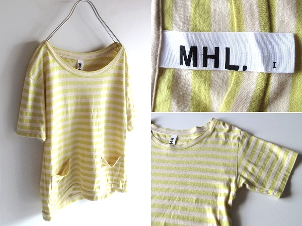 ネコポス対応 MHL. マーガレットハウエル コットンリネン天竺 ポケット付 ボーダーTシャツ 半袖カットソー 1 イエロー エクリュ 日本製拍卖