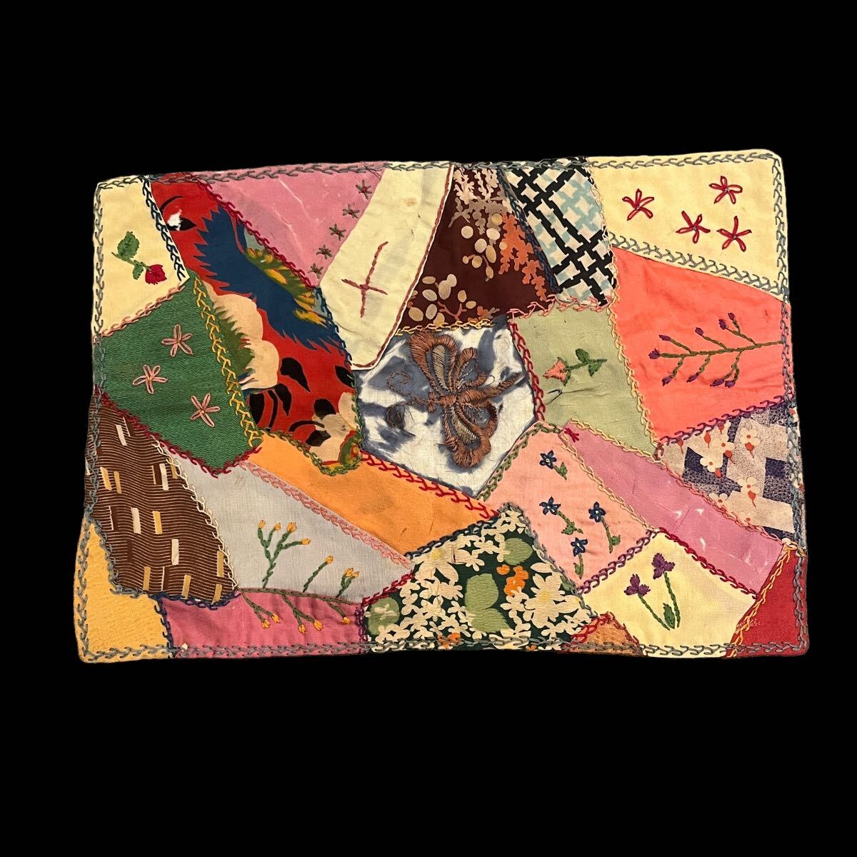アンティーク 20’s クレイジー キルト マット 敷物 ビンテージ antique vintage 20年代 crazy quilt パッチワーク 刺繍拍卖