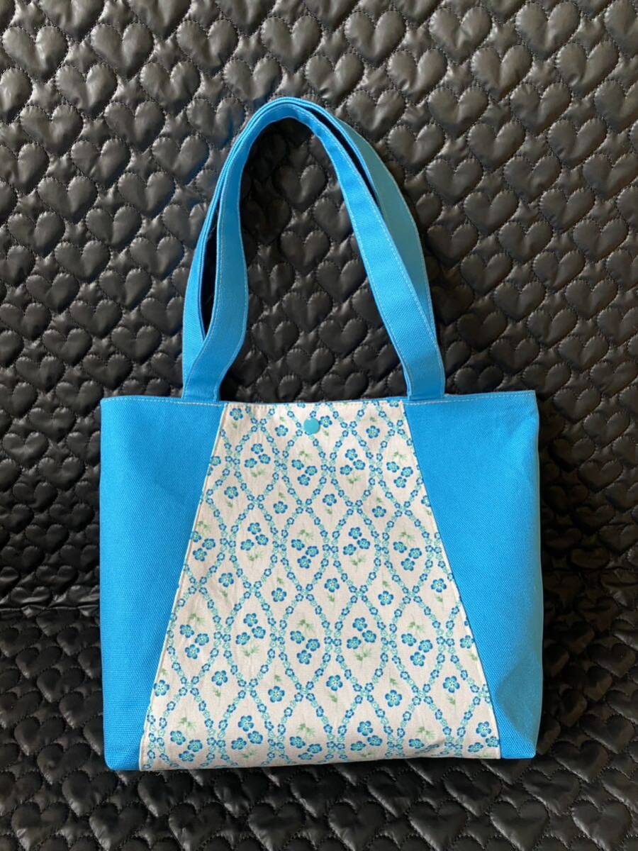 ☆ハンドメイド ☆トートバッグ ポケット・スナップボタン付き プレゼント♪ ブルー拍卖