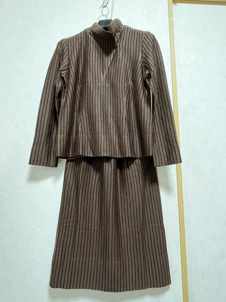 古着/ユーズド/レトロ*斎藤都世子/saito toyoko*ニット地セットアップ*M〜Lサイズ*茶色X黒ストライプ拍卖