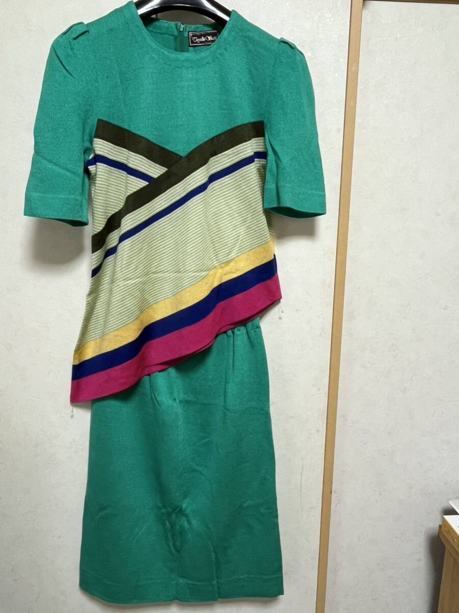 古着/ユーズド/レトロ*斎藤都世子/saito toyoko*ニット地セットアップ*M〜Lサイズ*グリーン斜め縞柄拍卖