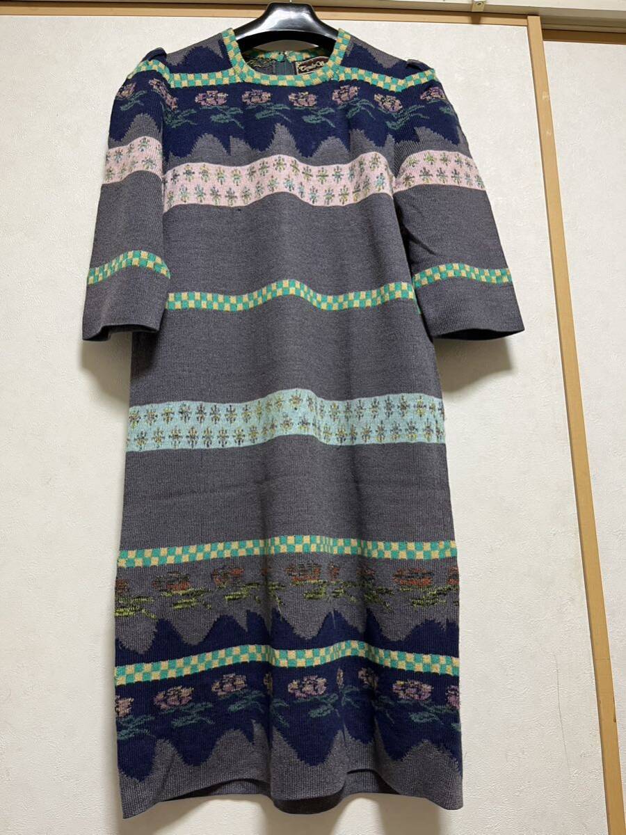 古着/ユーズド/レトロ*斎藤都世子/saito toyoko*ニットワンピース*M〜Lサイズ*グレー地に柄拍卖