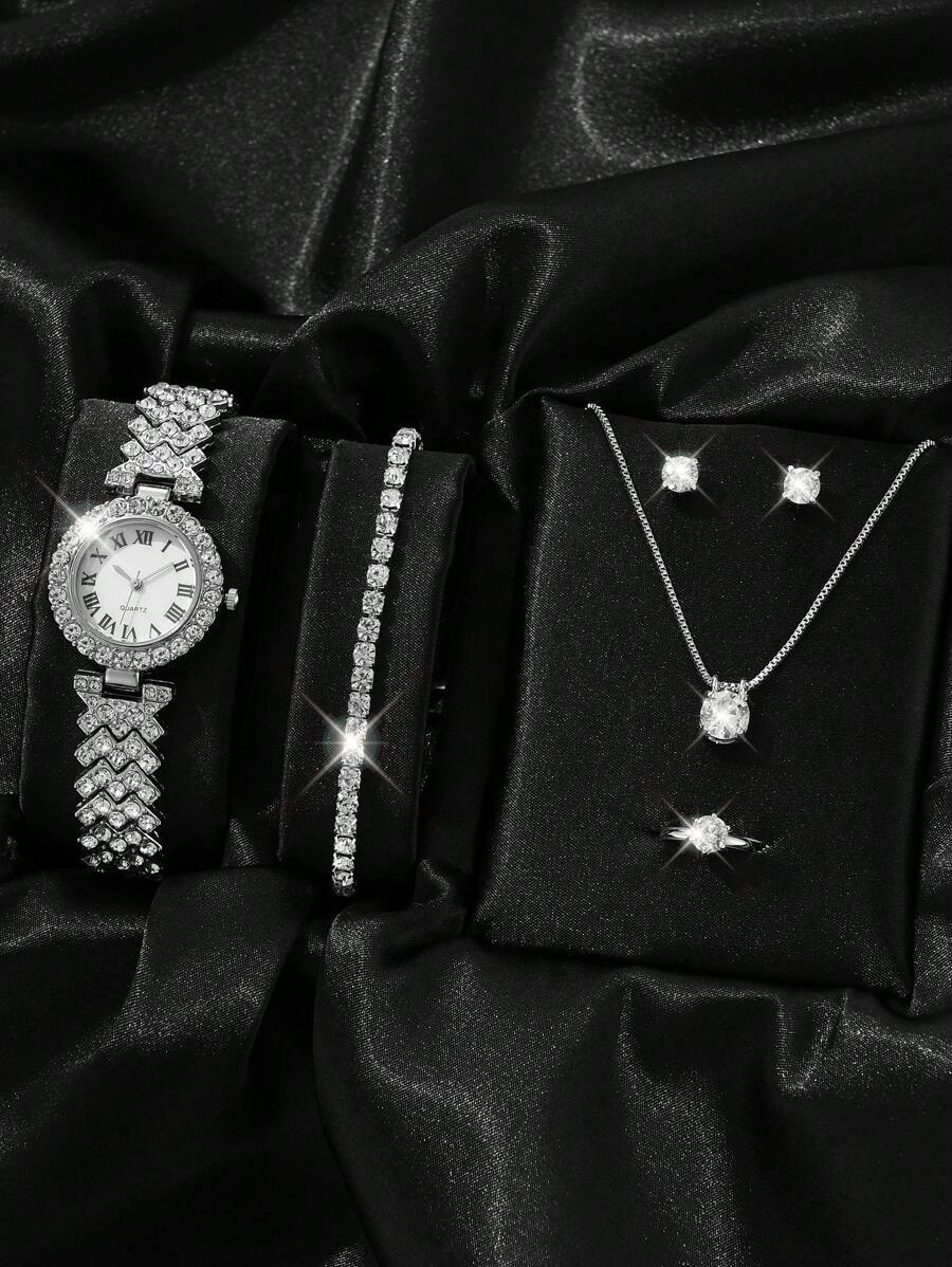 腕時計 レディース セット 女性用 6個セット 腕時計、シルバーダイヤモンドベゼル合金ブレスレットクオーツ時計、ローマ数字ダイヤル拍卖