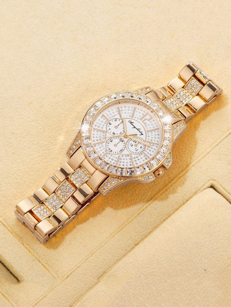 腕時計 レディース クォーツ レディースウォッチ、ゴールドウォッチ、ラインストーン装飾、ラウンドポインタークォーツウォッチ、ホリデ拍卖