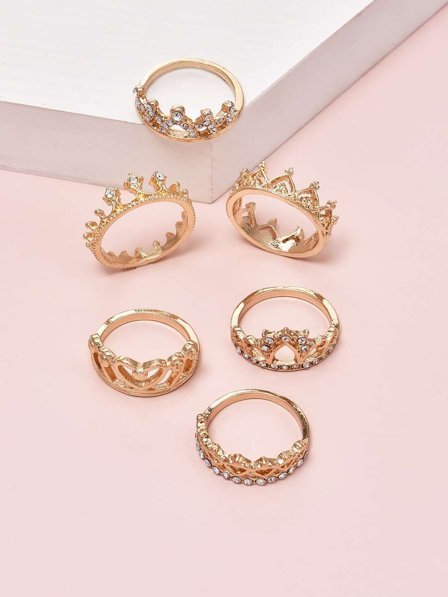 リング レディース セット 6ピース ラインストーン クラウン & ハートデコレーション リング拍卖