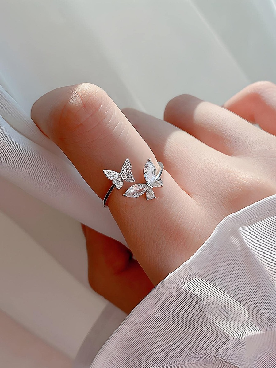 リング レディース シングル シルバー製 バタフライデザインのキュービックジルコニアカフリング 結婚式 ウェディングジュエリー拍卖