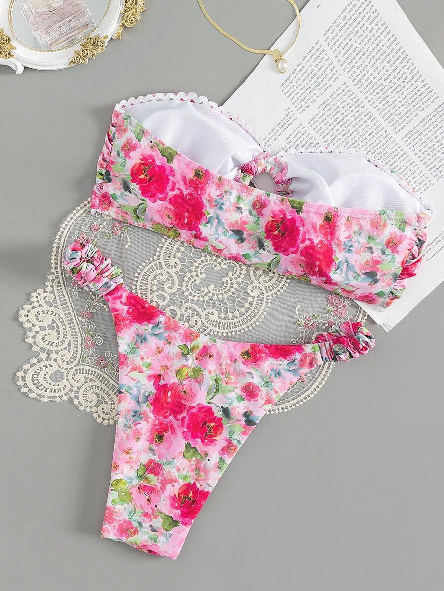 レディース 水着 ビキニセット 夏のビーチフローラル柄 バンドゥビキニセット拍卖