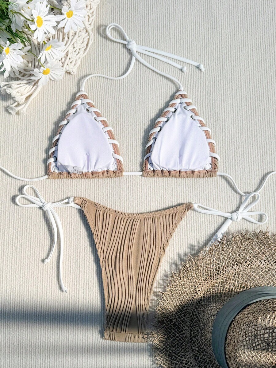 レディース 水着 ビキニセット 夏 ビーチ用 レディース ホルターネック ビキニセット、サイドに結び目拍卖