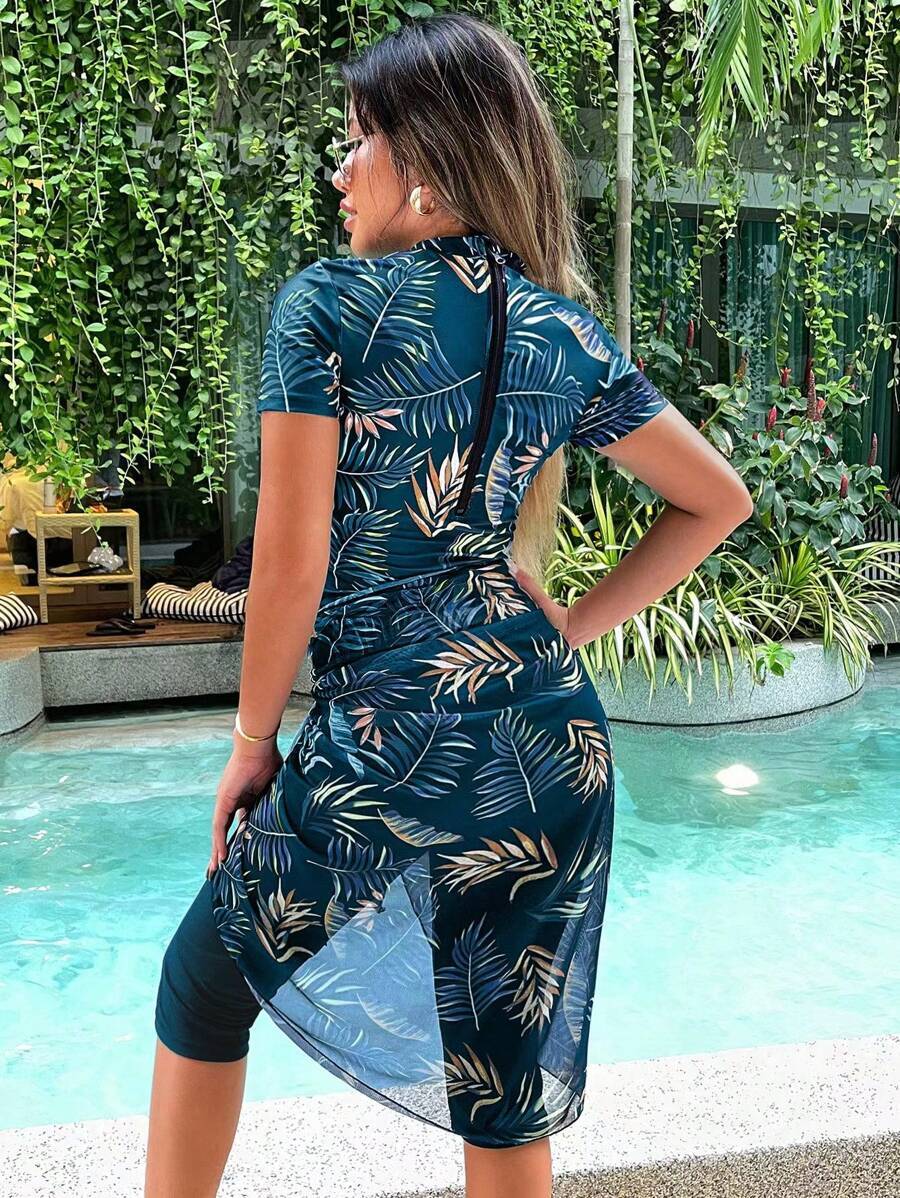 レディース 水着 ビキニセット ビーチトロピカル柄のタンキニ水着とカバーアップセット、夏に最適拍卖