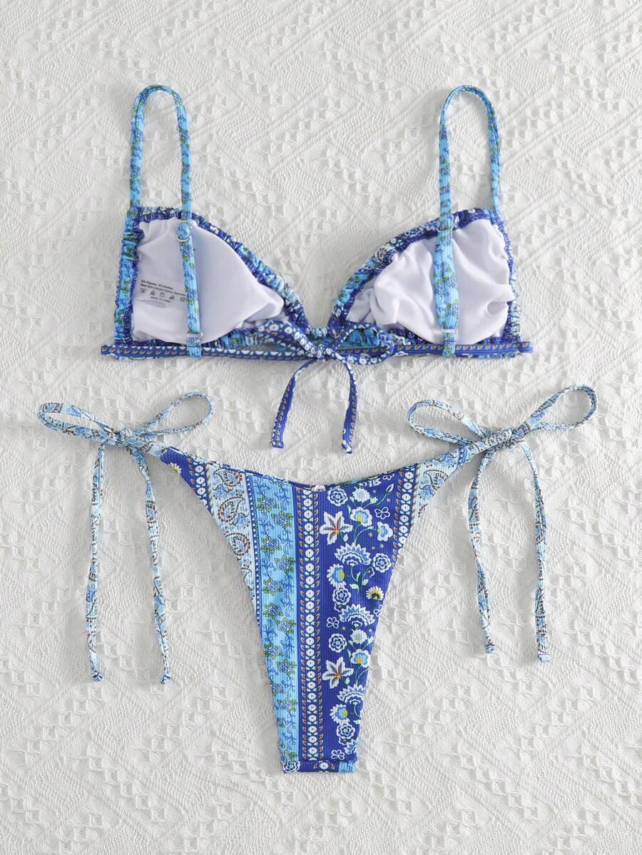 レディース 水着 ビキニセット サマービーチ フローラル柄 三角ビキニ タイサイド セット拍卖