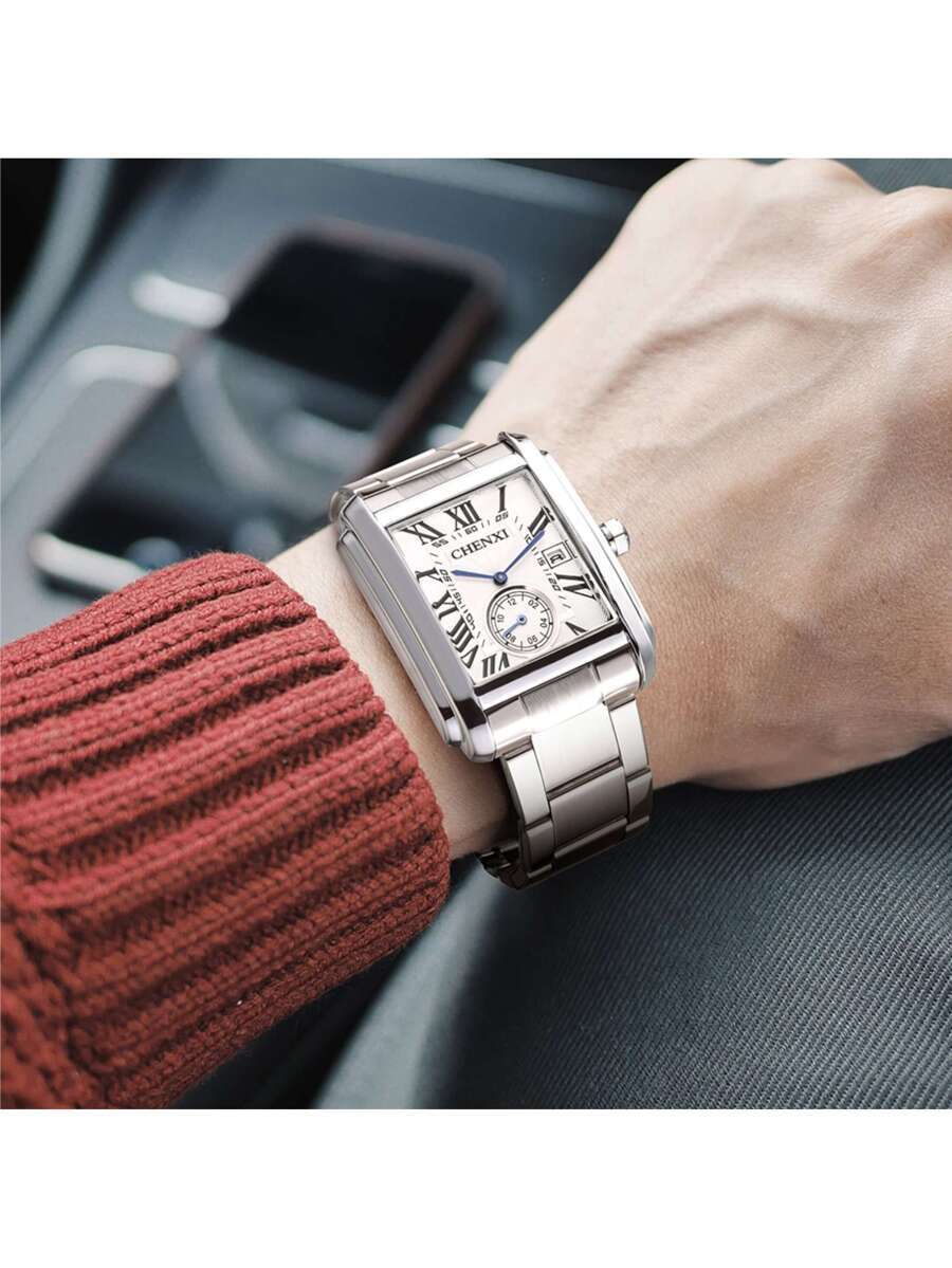 腕時計 メンズ クォーツ 白い高級スチールバンド メンズスクエアクオーツウォッチ 父への贈り物拍卖