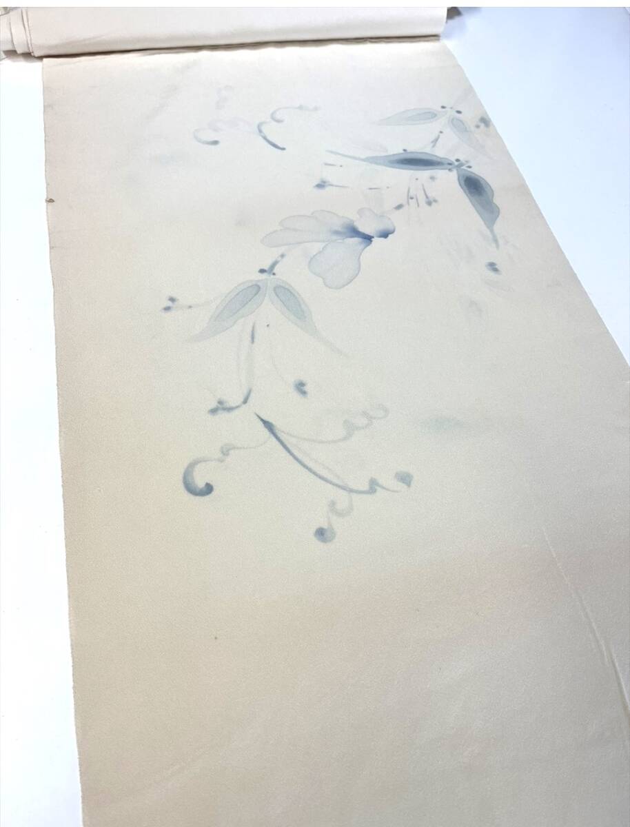 花とら●リサイクル着物反物 解き洗い反物 リメイク 素材 手描き 花 薄藍 素材 240505-01拍卖