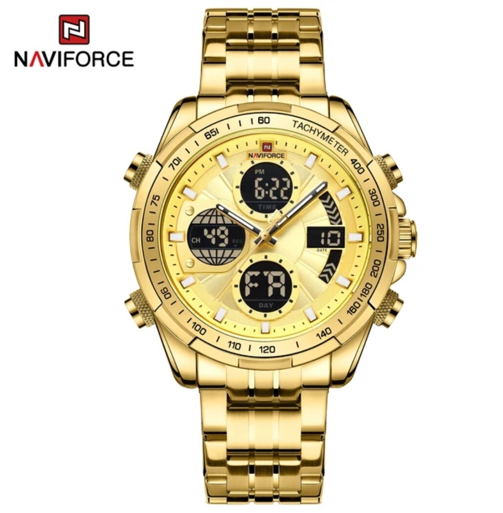 ☆新品新作 海外限定 NAVIFORCE腕時計 トップブランド GOLDゴールド メンズ 発光防水ギフト スポーツクロノグラフ 光沢 日本未発売拍卖