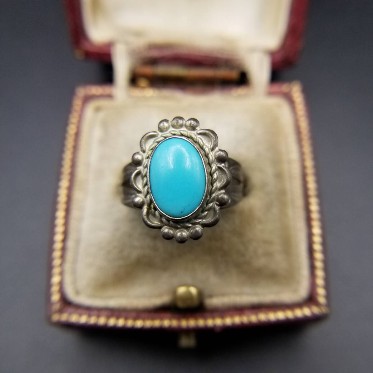 サウスウェスタンジュエリー ターコイズブルー カボション ヴィンテージ リング 指輪 フローラル 花 モチーフ スタンプワーク Y16-I拍卖