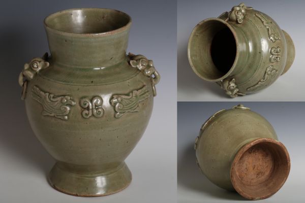 N26028 中国陶器 青磁獣耳付大壺 径約19cm(20.3cm)×高さ約25cm 大壷 大瓶 茶道具 花入 花器 検:青瓷 青磁 龍泉窯 中国 古玩 唐物拍卖