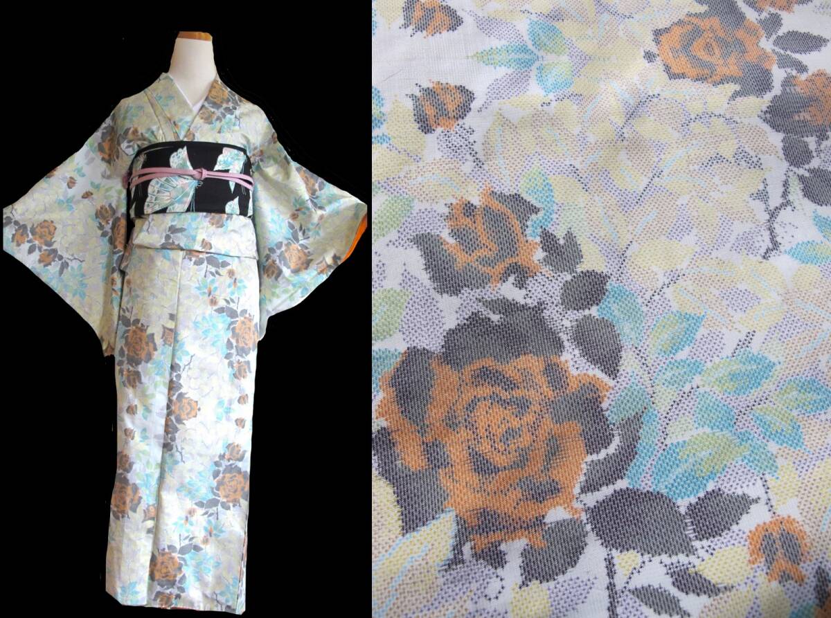 薔薇の色大島紬着物 ロマンティック 爽やか 淡緑拍卖