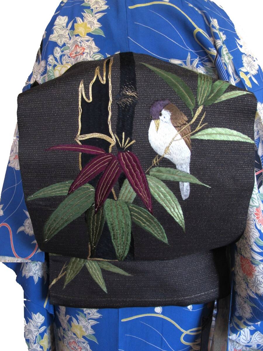 雀に竹笹 アンティーク絽名古屋帯 黒に金通し スズメ 鳥拍卖