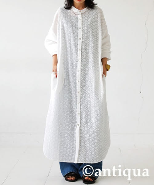 ●antiquaアンティカpatterntorsoパターントルソー/刺繍ロングシャツワンピース/マキシ/バンドカラー/綿100%/オーバーサイズ●拍卖