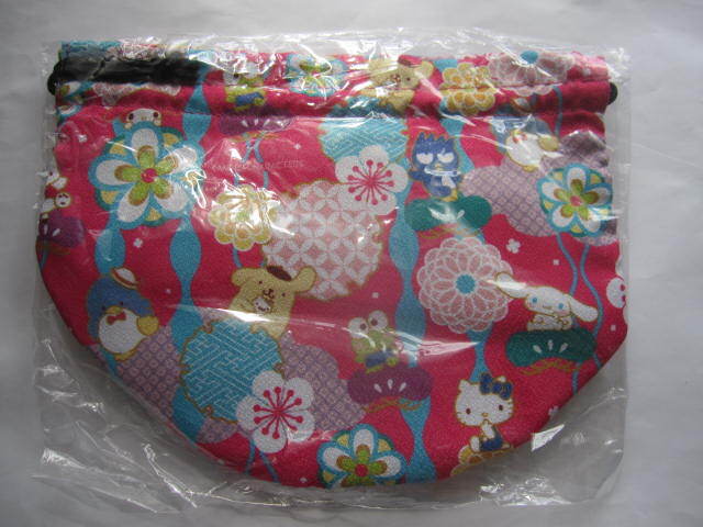 新品 未使用 サンリオくじ ちりめん 巾着袋 和柄 キティ マイメロ ケロケロケロッピー ポチャッコ タキシードサム ピンク拍卖