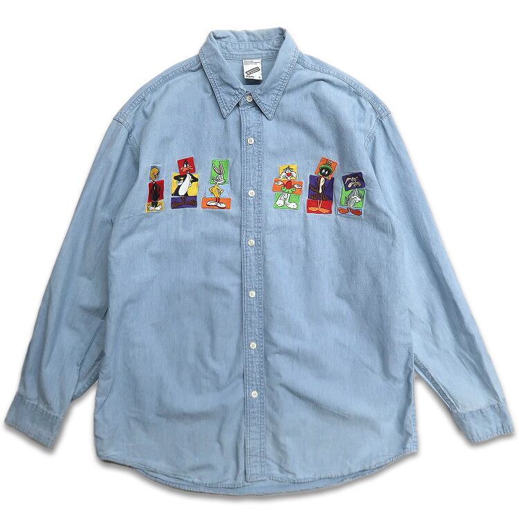 古着 90年代 ワーナーブラザーズ キャラクター 刺繍 デニムシャツ 表記:L gd401924n w40308拍卖