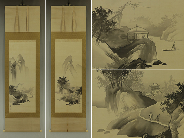 【模写】橋本雅邦【双幅・水墨山水】◆絹本◆共箱◆二重箱◆掛軸 s04020拍卖