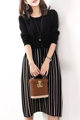 LRM1463★冬 長袖 膝下 上品 きれいめ 着痩せ ニットワンピース ロング レディース きれいめ ストライプ 秋拍卖