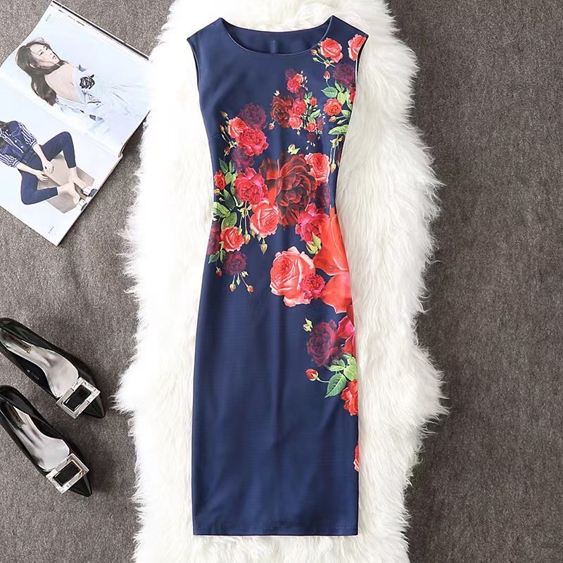 LRM861★ワンピース ノースリーブ タイト 膝丈 花柄 黒 通勤 エレガント 大人 レディース ドレス セクシー拍卖