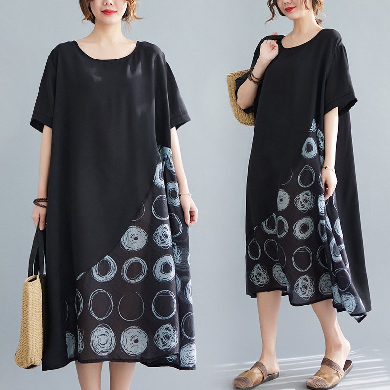 ZJM1338 体型カバー*プリント柄切り替えゆったり大きいサイズ半袖ロングワンピース 新品夏***レディース*カジュアル**拍卖