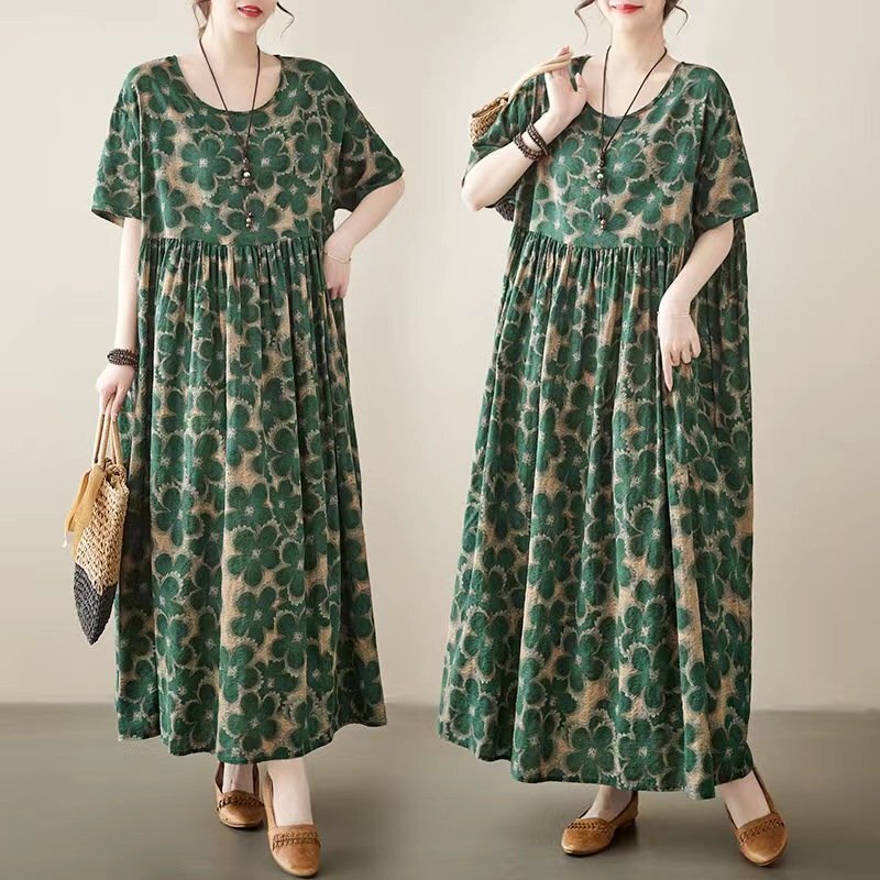 LRM910★新品大人気 緑のお花柄がとっても個性的な総柄マキシ丈ワンピ☆☆大きいサイズ☆薄手素材の綿麻ゆったりマキシ丈ワンピ拍卖