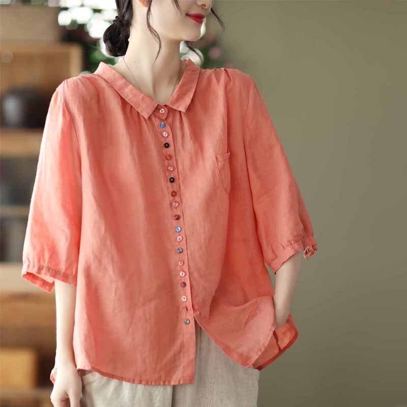 LRM1157★新品秋 カジュアル 20304050代 ゆったり大きいサイズナチュラル 刺繍入り無地 綿麻 長袖シャツブラウス ピンク拍卖