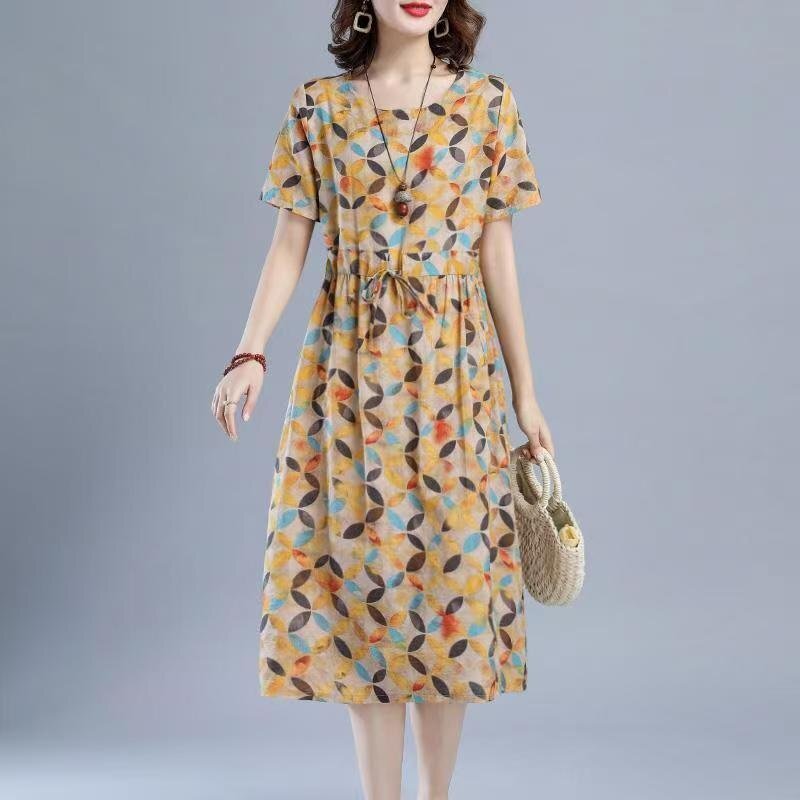 LRM1343★綿の麻のワンピースの女性の2024新型の夏ゆったりとした中の長款の薄い款の麻の大きいサイズのスカート拍卖