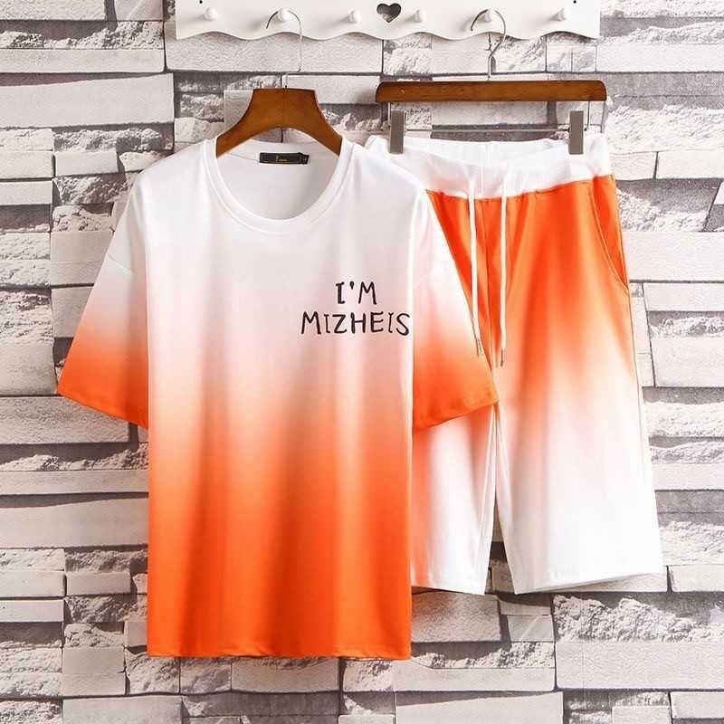 A315 夏新作メンズジャージセット★アップ 上下セット スウェット ★半袖 トレーナー トレーニングウェア★オレンジ拍卖