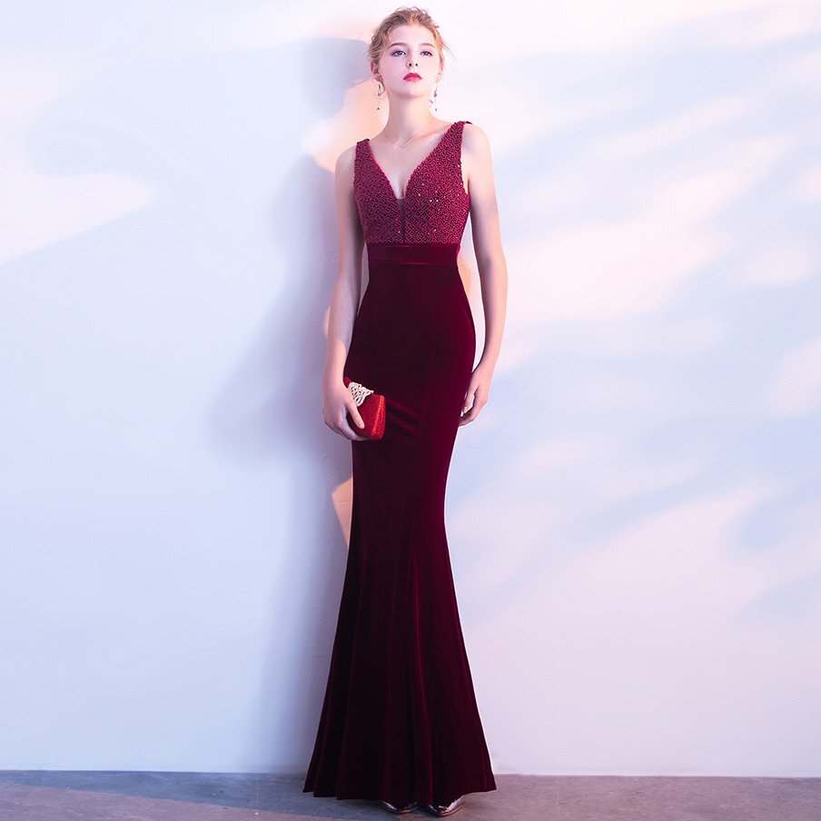 ZJM1299 ロング ドレス フォーマル マキシ丈 ワンピース ノースリーブ ロング丈 ビジュー ベロア 3色 拍卖