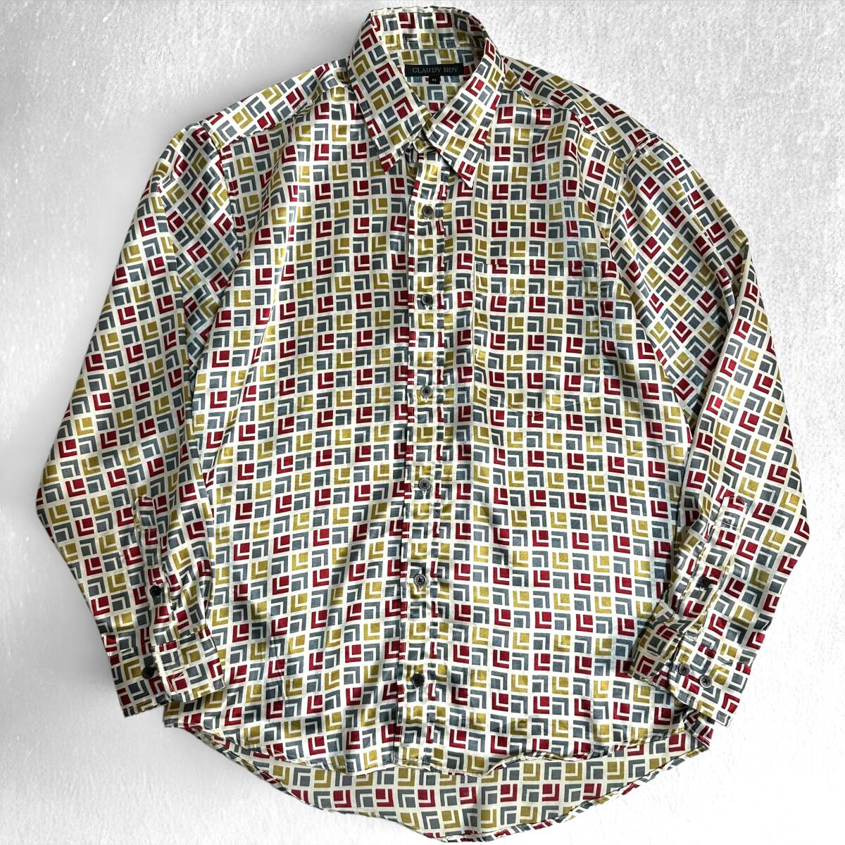 貴重【CLAUDY BOY】VINTAGE 総柄 長袖シャツ 幾何学 ジオメトリック サテンシャツ レトロ 古着 光沢 ロカビリー調拍卖