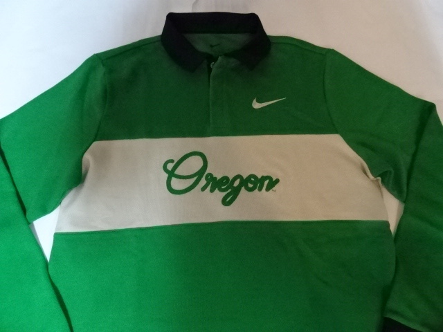 激レア【Nike】【DRI FIT】 USカレッジ オレゴン大学ダックス【OREGON DUCKS】筆記体ロゴ刺繍入り ロングスリーブポロシャツUS Sサイズ拍卖