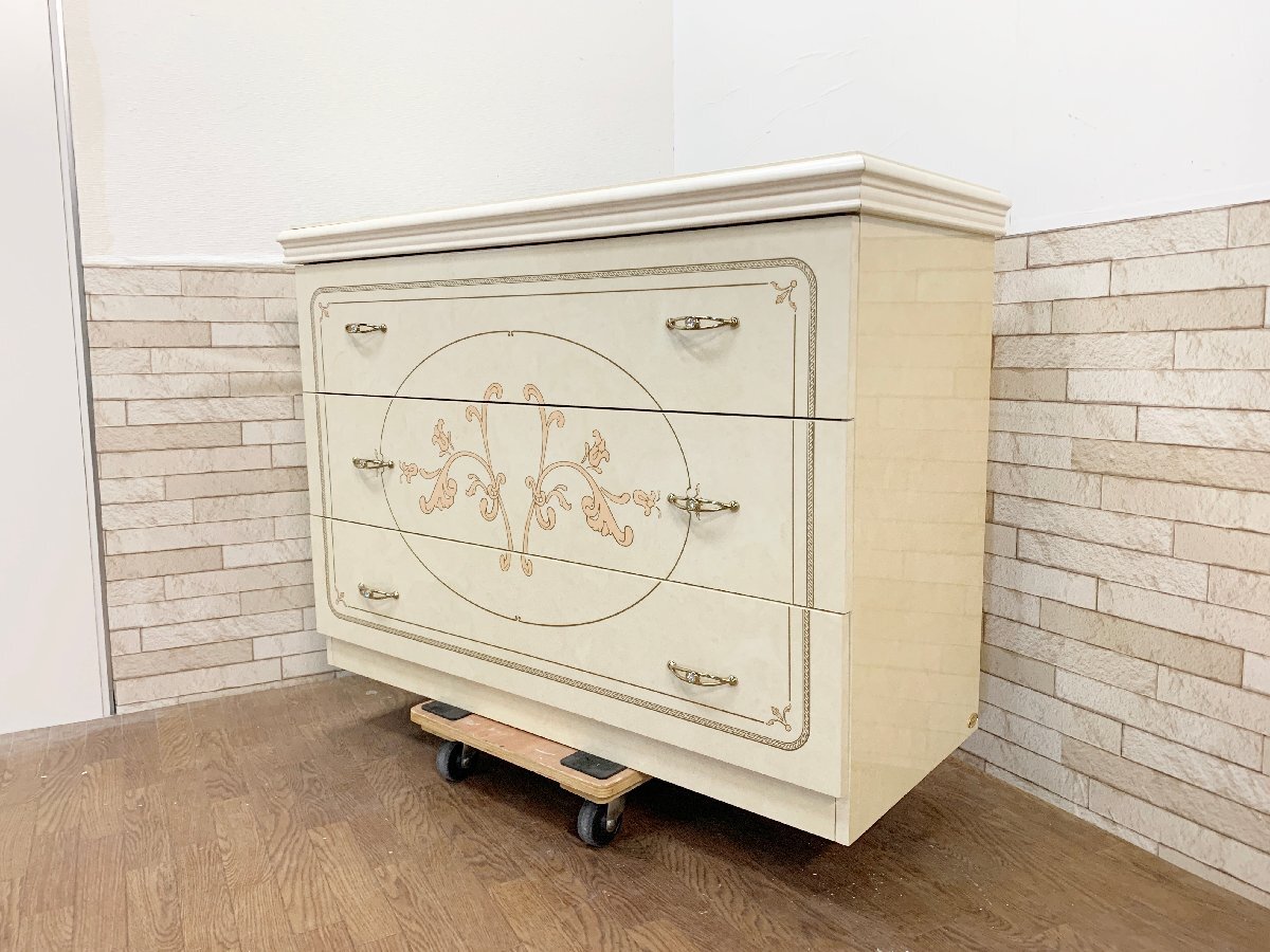サルタレッリ モビリ 3段 ワイドチェスト 高級イタリア製 フローレンス アイボリー ロココ 家具 整理箪笥 箪笥 家具 インテリア(貝559)拍卖