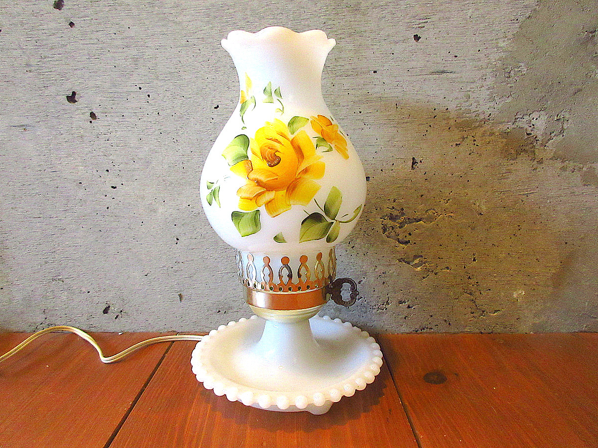 ビンテージ-70’s●イエローローズミルクガラステーブルランプ●240518k7-lmp -1970sインテリアディスプレイライトホブネイル拍卖
