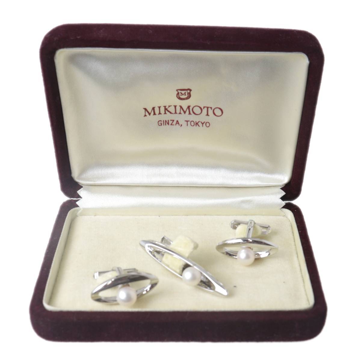 MIKIMOTO ミキモト パール タイピン カフス セット 本真珠×SILVER 箱 パール6.4mm珠 NT Bランク拍卖