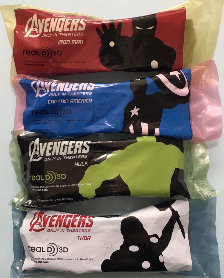 ★映画 アベンジャーズ/AVENGERS realD 3D メガネ アイアンマン/キャプテン・アメリカ/ハルク/ソー 4種セット拍卖