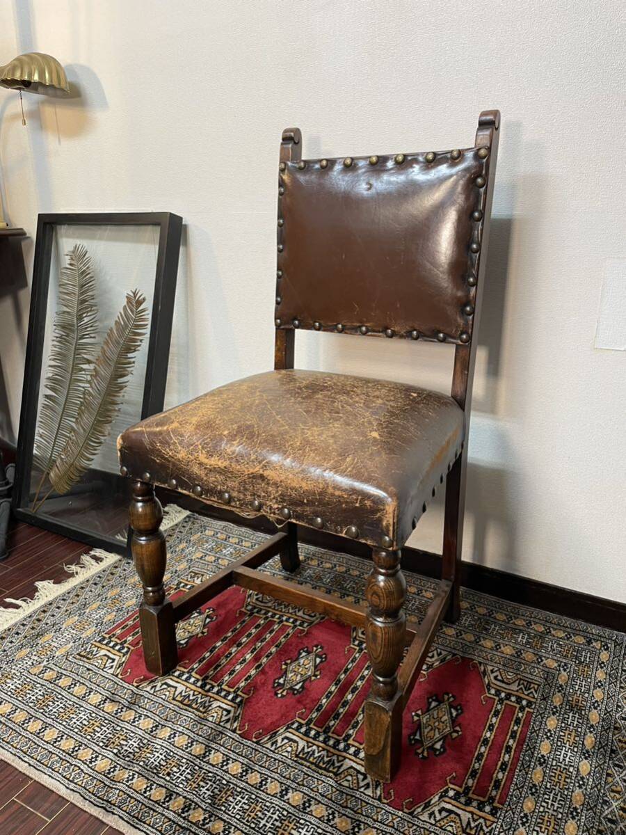 雰囲気抜群のインテリアに♪アンティーク アームレスチェア ジャコビアン バロック 英国 イギリス レザー 本革 椅子 イス 撮影 スタジオ 3拍卖
