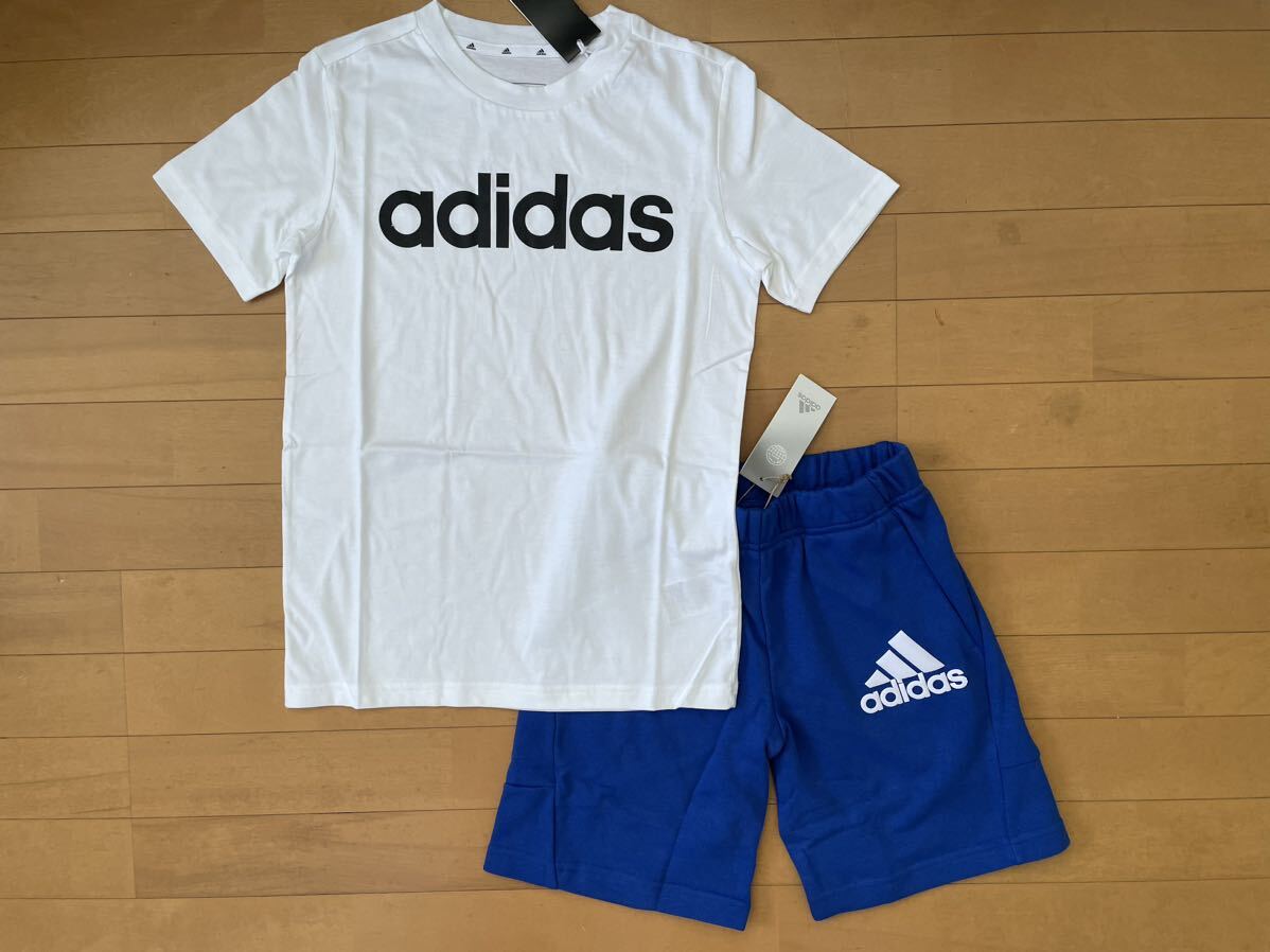 新品★送料込み!!★adidasアディダス★150★快適!!半袖Tシャツ(ホワイト 白)・パフプリントロゴ!スウェットパンツ(ブルー 青)★上下★即決拍卖
