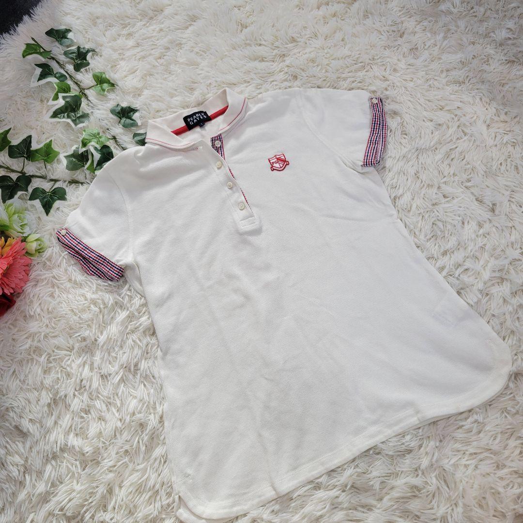 パーリーゲイツ ホワイト チェック 可愛い ポロシャツ Tシャツ 半袖 ゴルフ拍卖