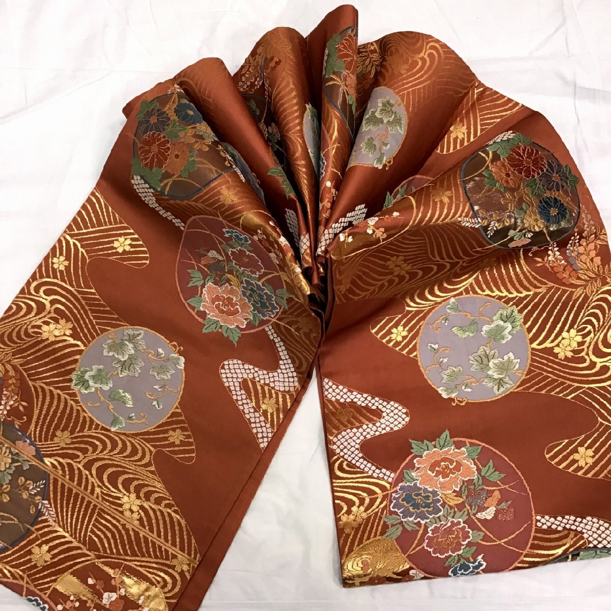 正絹・袋帯・朱地・金・流水・花・No.200701-0912・梱包サイズ60拍卖